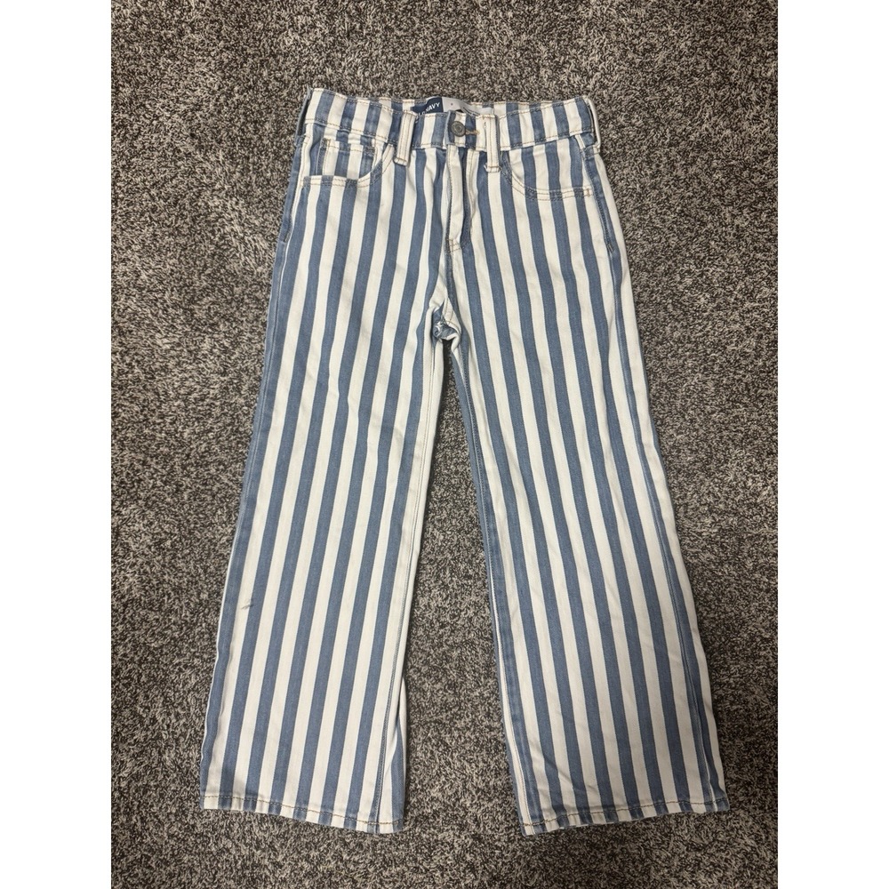 Old Navy Wide Leg Baggy Jeans Girls 8 High Rise Blue White Stripe Adj Waist NWOT